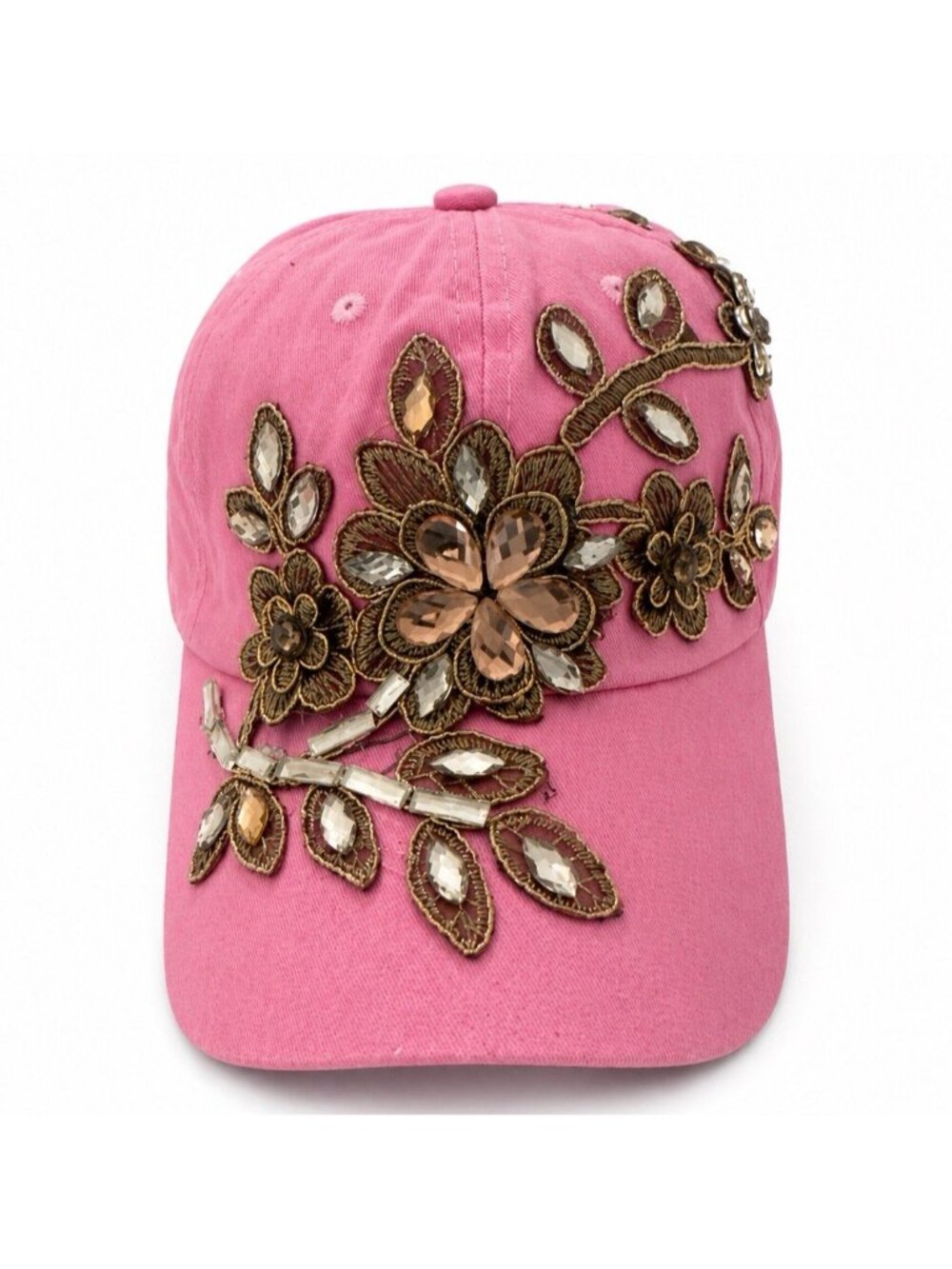 Women Rhinestone Embroidery Floral Snapback Denim Baseball Cap Hat Pink OSFM
